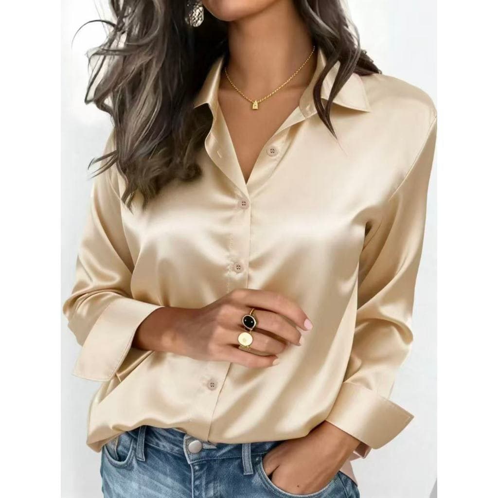 Camisa de Cetim Feminina de Outono 2026 com Mangas Longas e Botões, Roupas Femininas DIKK 4IJK
