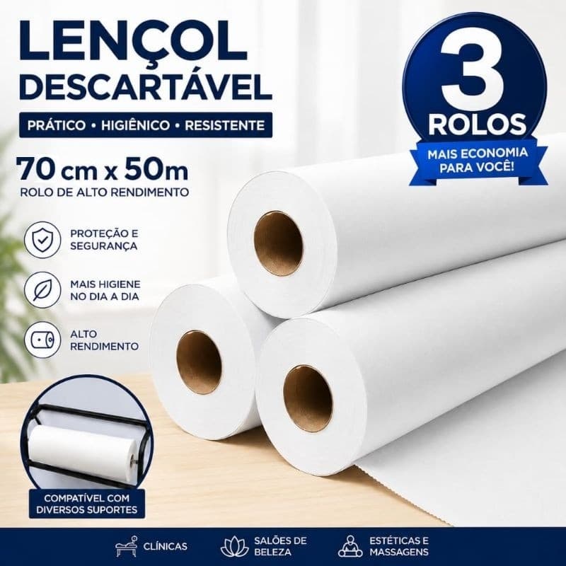 Kit 3 Rolos Lençol Descartável para Maca 70x50m Branco Clínicas Estética Fisioterapia36