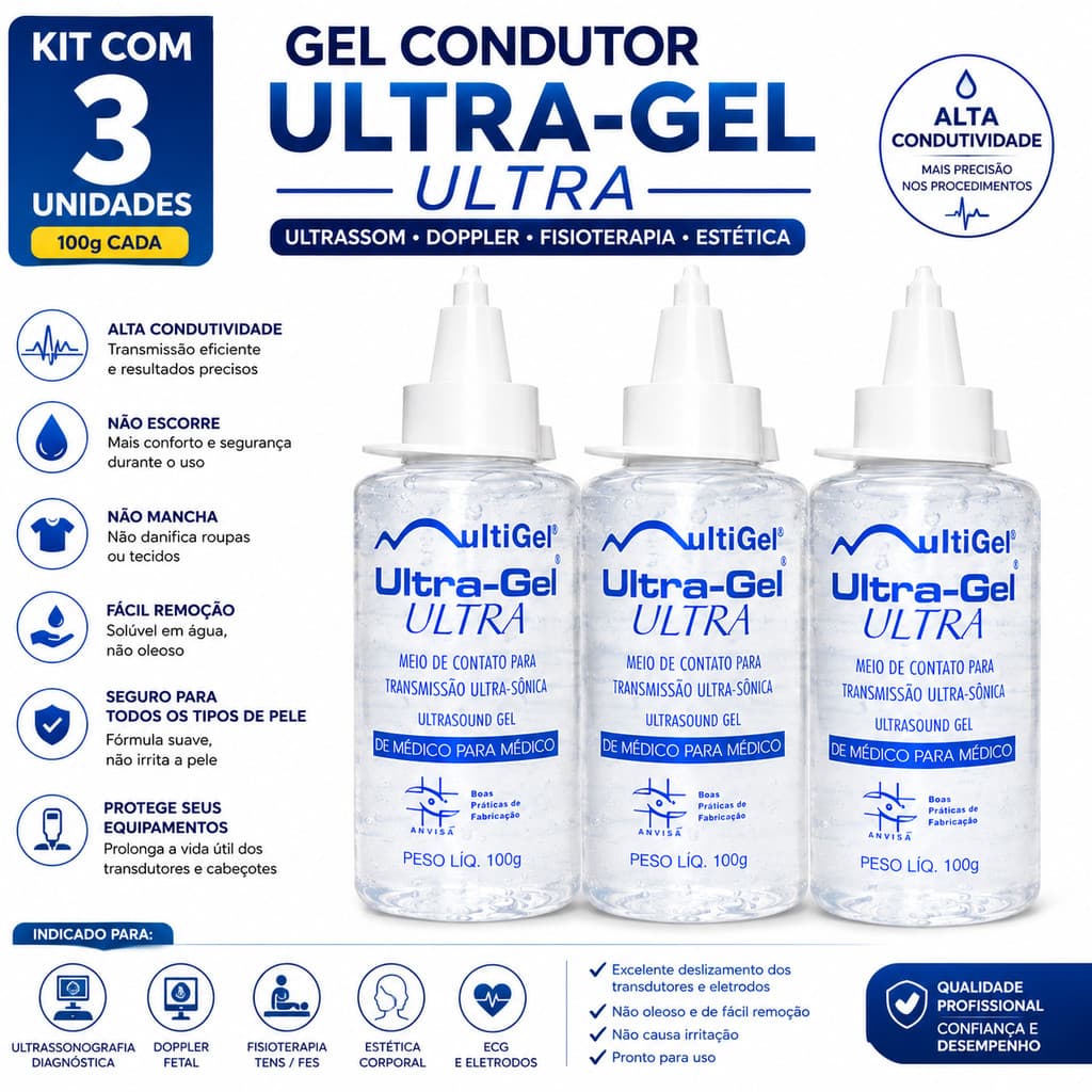 Kit com 3un de Gel Condutor para Ultrassom - Ultra Gel Ultra - Frasco 100G Multigel Premium