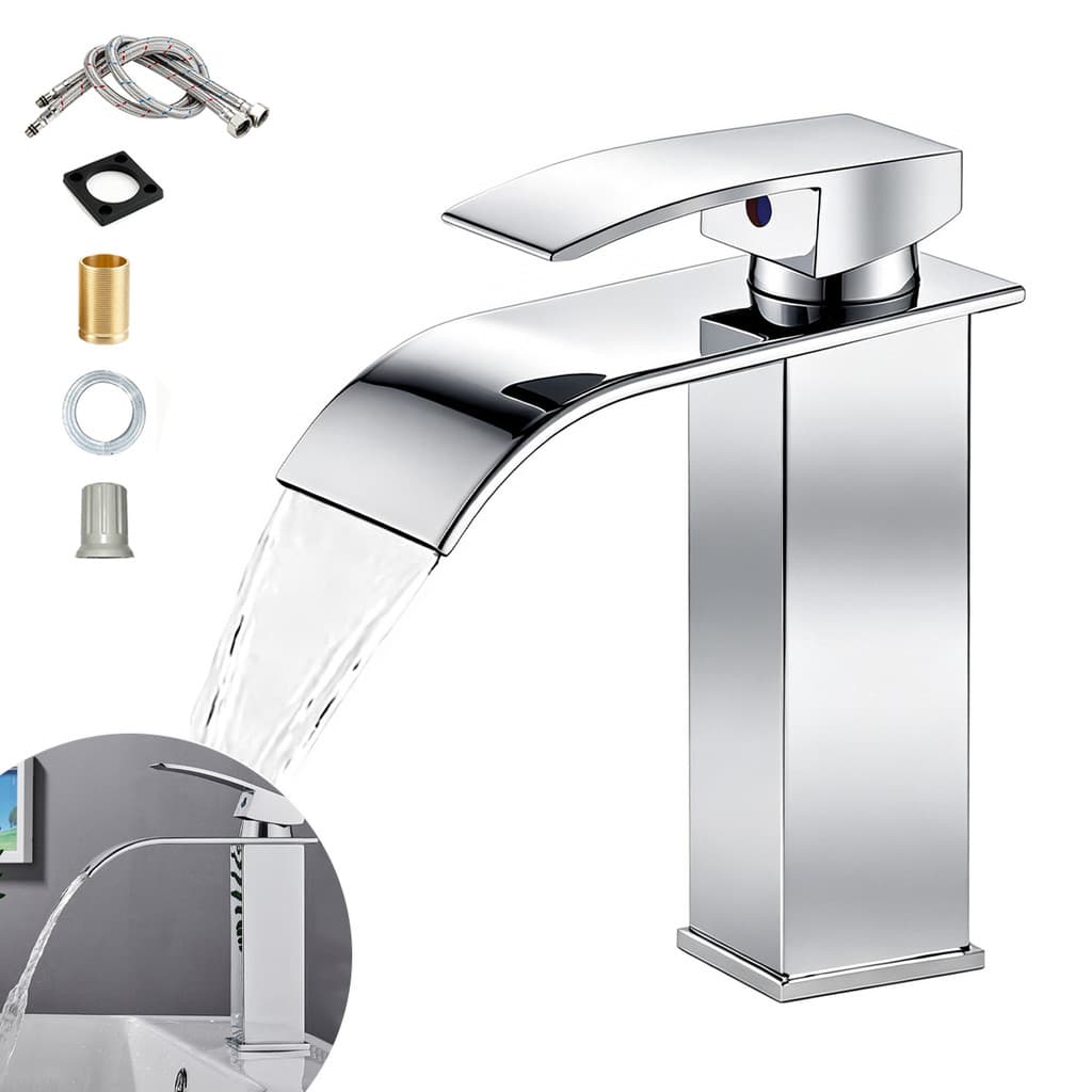 Torneira Cascata Luxo Monocomando Inox Cromada Quente Fria Banheiro Lavabo Cuba Baixa Quadrada