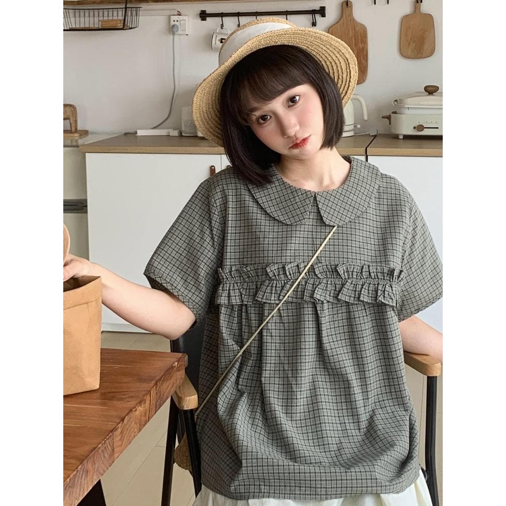 Roupas femininas retrô japonesas-estilo Preppy camisa de manga curta-gola de boneca japonesa fungo borda xadrez camisa d