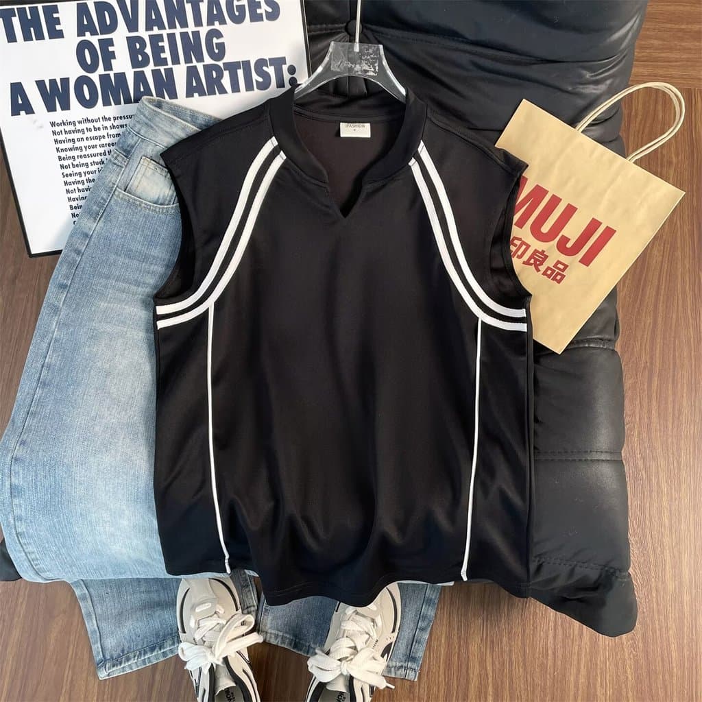 Preto High-End costura sem mangas colete masculino feminino estilo verão Wear estilo americano casal com decote em V men