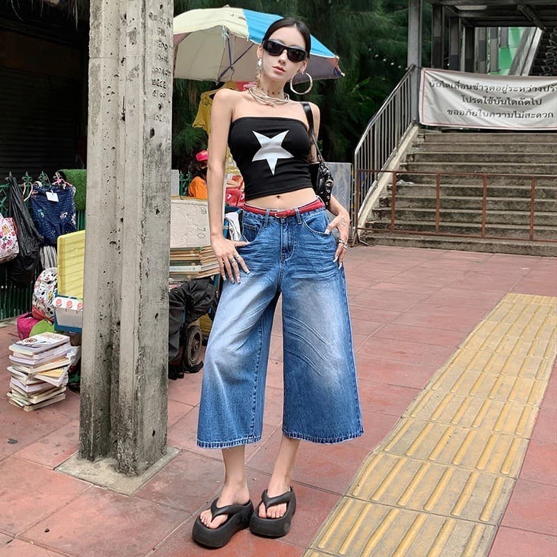 Americano Retro lavado enrugado cortado Jeans primavera verão novo estilo solto perna larga moda calças na moda