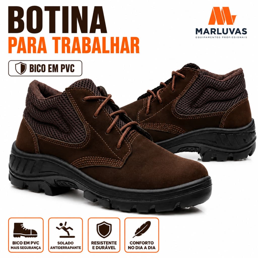 Bota Botina De Segurança EPI 95B26 Couro Nobuck Marrom Cadarço Biqueira Plástica CA 52731 Marluvas