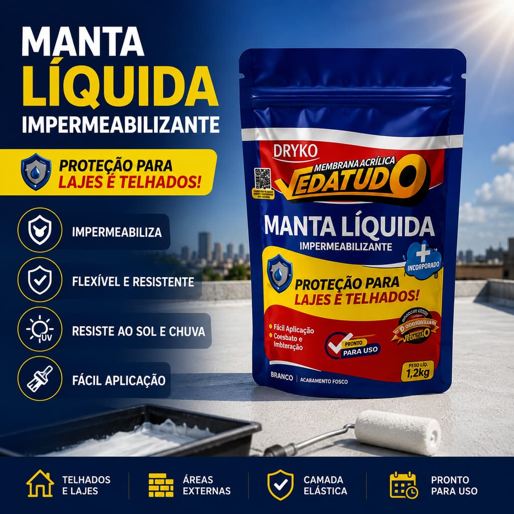 Manta Borracha Líquida Branca 1,2kg Veda Tudo Proteção Contra Vazamentos Vedação e Impermeabiliza Telhados Lajes Paredes