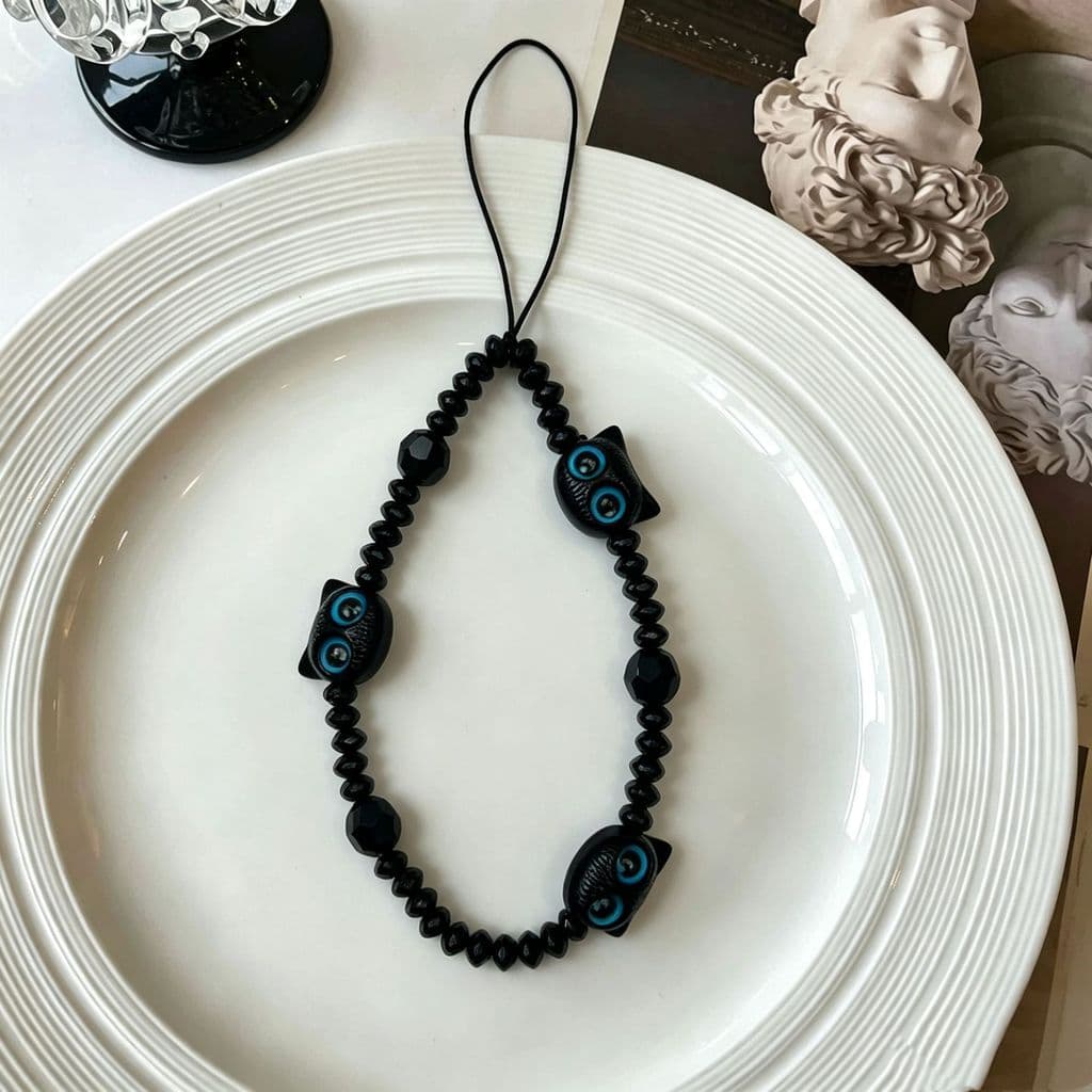 Correia de telefone versátil e única com design de gatinho preto, corrente de pulso DIY, chaveiro para câmera CCD, acess