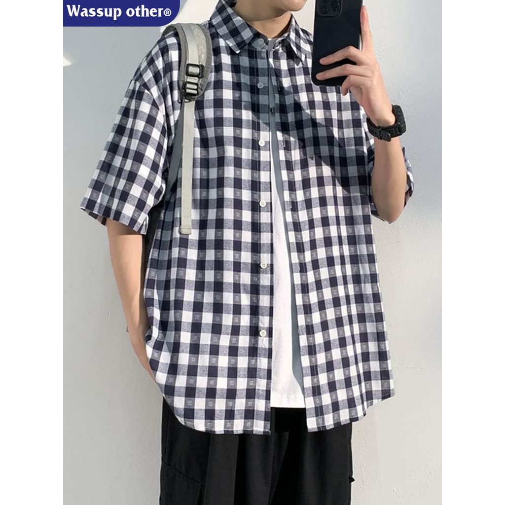 WASSUP OUTRO Camisa xadrez retrô japonesa masculina verão fina solta Casual casal camisa de manga curta