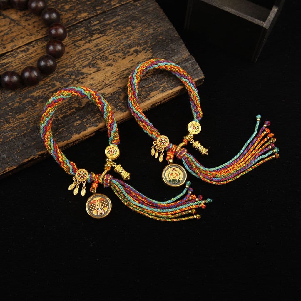 Estilo tibetano Thangka oito patrono dupla face tridimensional em relevo pulseira mão-tecido reencarnação esfregando pul