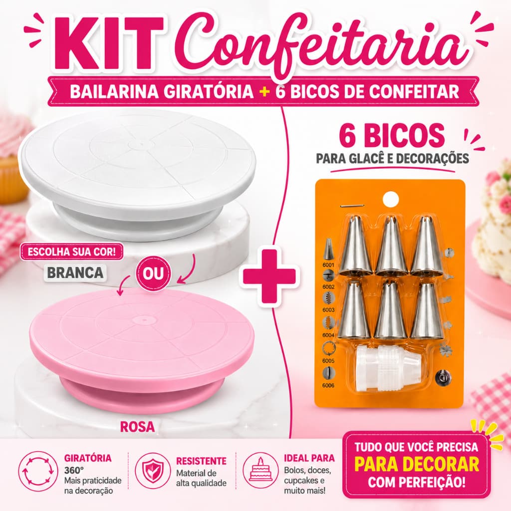 Kit Bailarina Giratória Rosa ou Branca 30cm com Kit 6 Bicos e Acoplador de Bico Confeitaria Geral