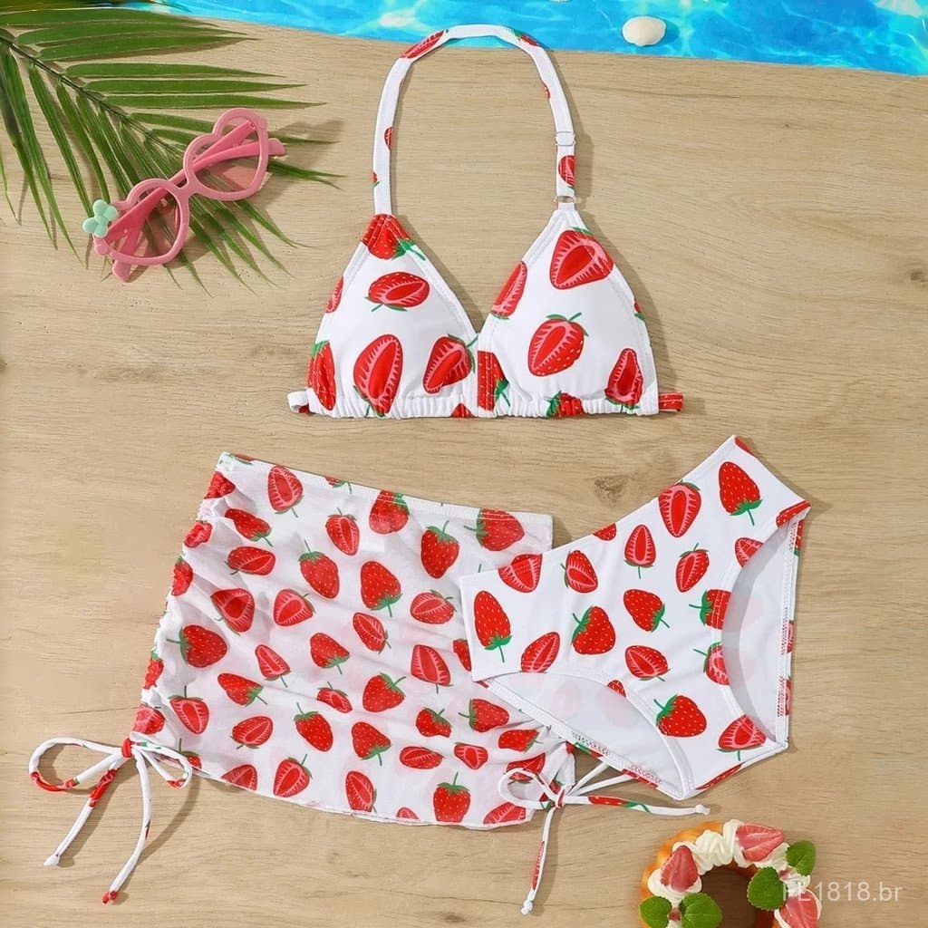 Biquíni com Estampa de Morango para Meninas, com Saia de Praia de Decote Halter, Conjunto de Moda Praia de Três Peças pa