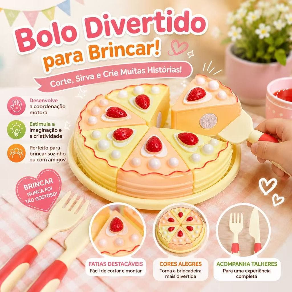 Bolo de Brinquedo Infantil para Cortar com Velcro | Kit Faz de Conta com Prato, Faca e Garfo | Brinquedo Educativo
