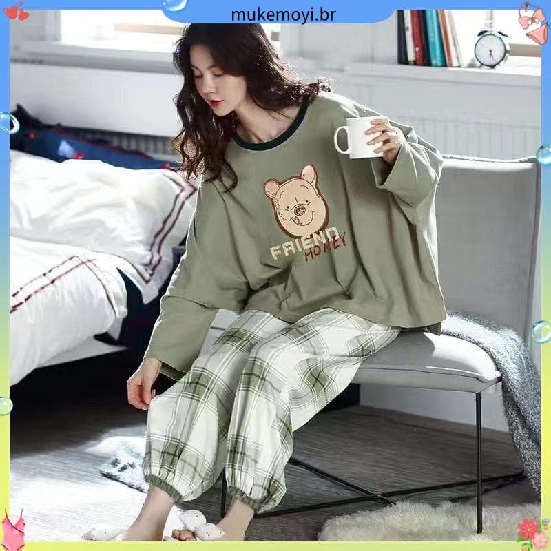 Pijamas femininos primavera outono estilo tamanho grande pijamas de manga comprida terno feminino versão coreana pijamas