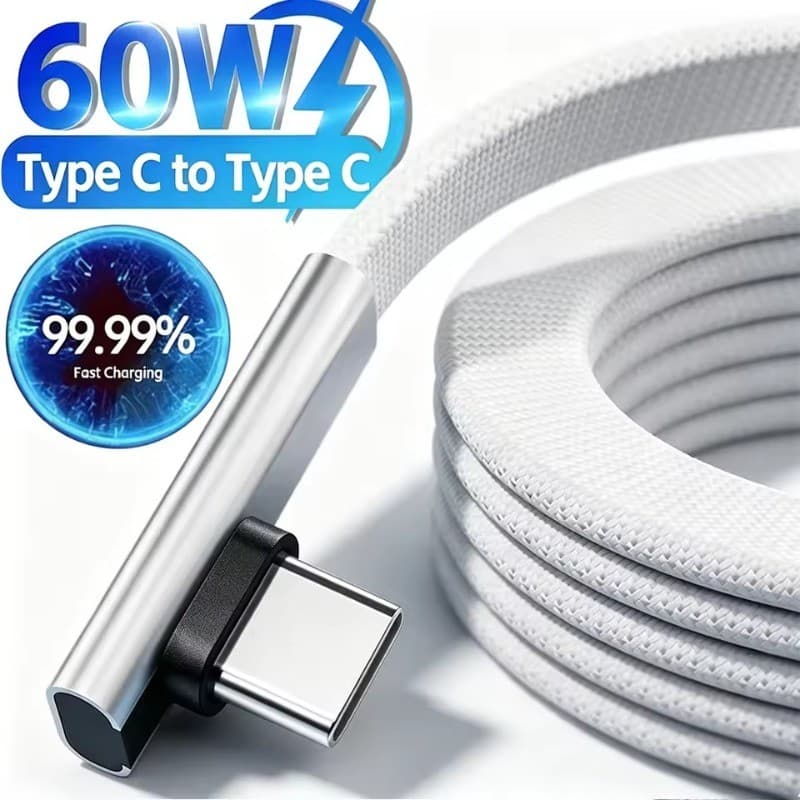 Cabo De Dados Duplo Tipo C De 1/2 M-De Carregamento Rápido De 60 W-Ultrafino Transferência-90 ° Linha De Carregador De C