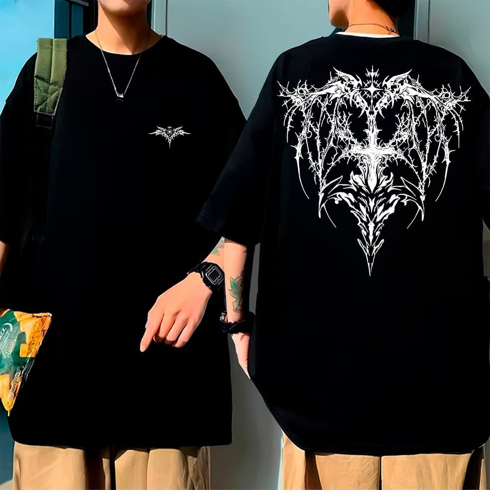 Camiseta Unisex Preta Oversized, Estampa de Asas Góticas, Estilo Dark