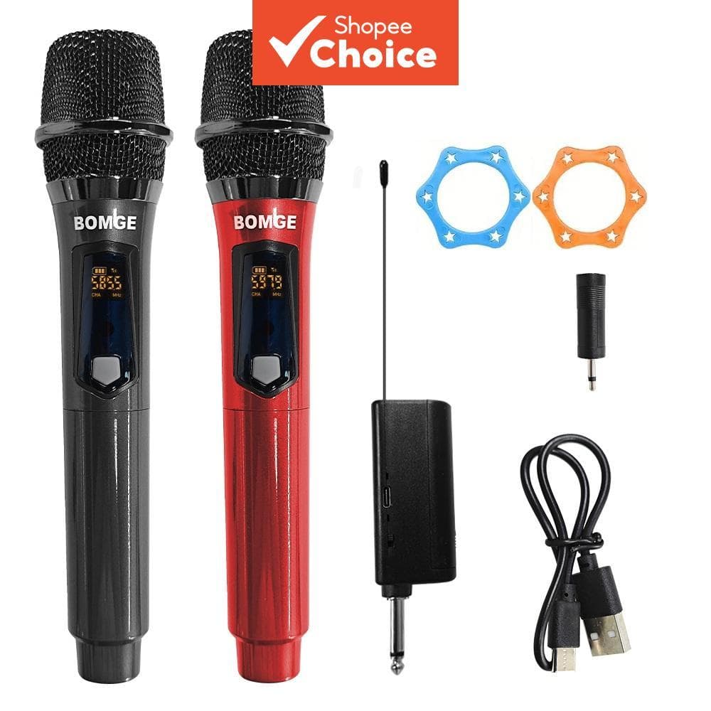 BOMGE Microfone Dinâmico UHF sem Fio Duplo Sistema de Microfone de Mão 1800mAh Profissional Recarregável
