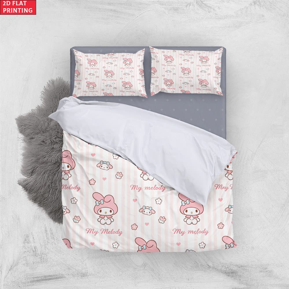 Conjunto plano 2D de 3 peças impresso My Melody Decoração de quarto impressa de alta definição, fronha de capa de edredã
