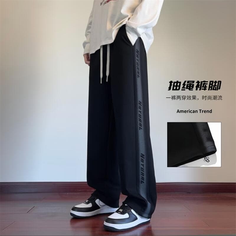 Estilo americano costura Sweatpants masculino outono carta impressão High-End rufião bonito Casual tamanho grande solto