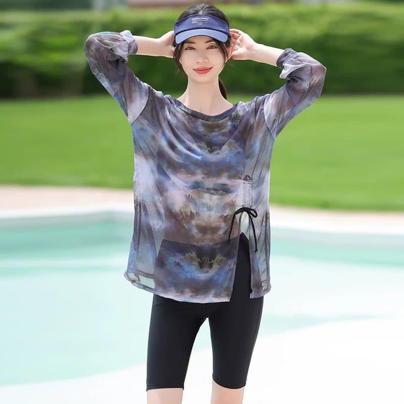 Maiô de três peças para mulheres com capa de manga longa, que disfarça a barriga, shorts esportivos, tamanho grande para