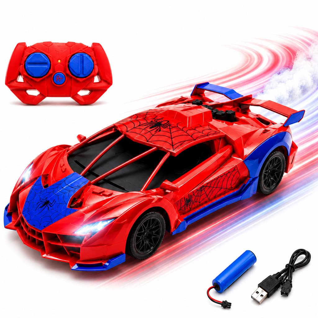 Carrinho de Controle Remoto Solta Fumaça Recarregável Luz Led Brinquedo Infantil Radical Homem Aranha Spider Kizumba