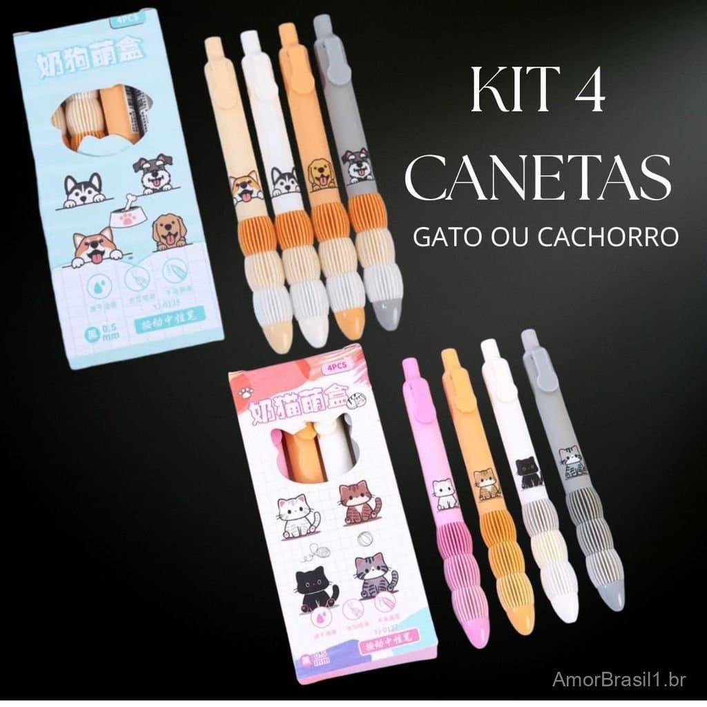 KIT 4 CANETAS EM GEL TEMÁTICA GATO OU CACHORRO COM APOIO PARA OS DEDOS EM BORRACHA| MATERIAL ESCOLAR