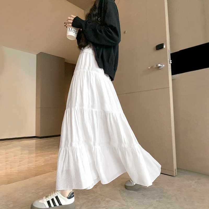 Saia branca feminina 2026 novo estilo cintura alta grande saia Swing a linha Drape saia longa pequena saia de bolo260727