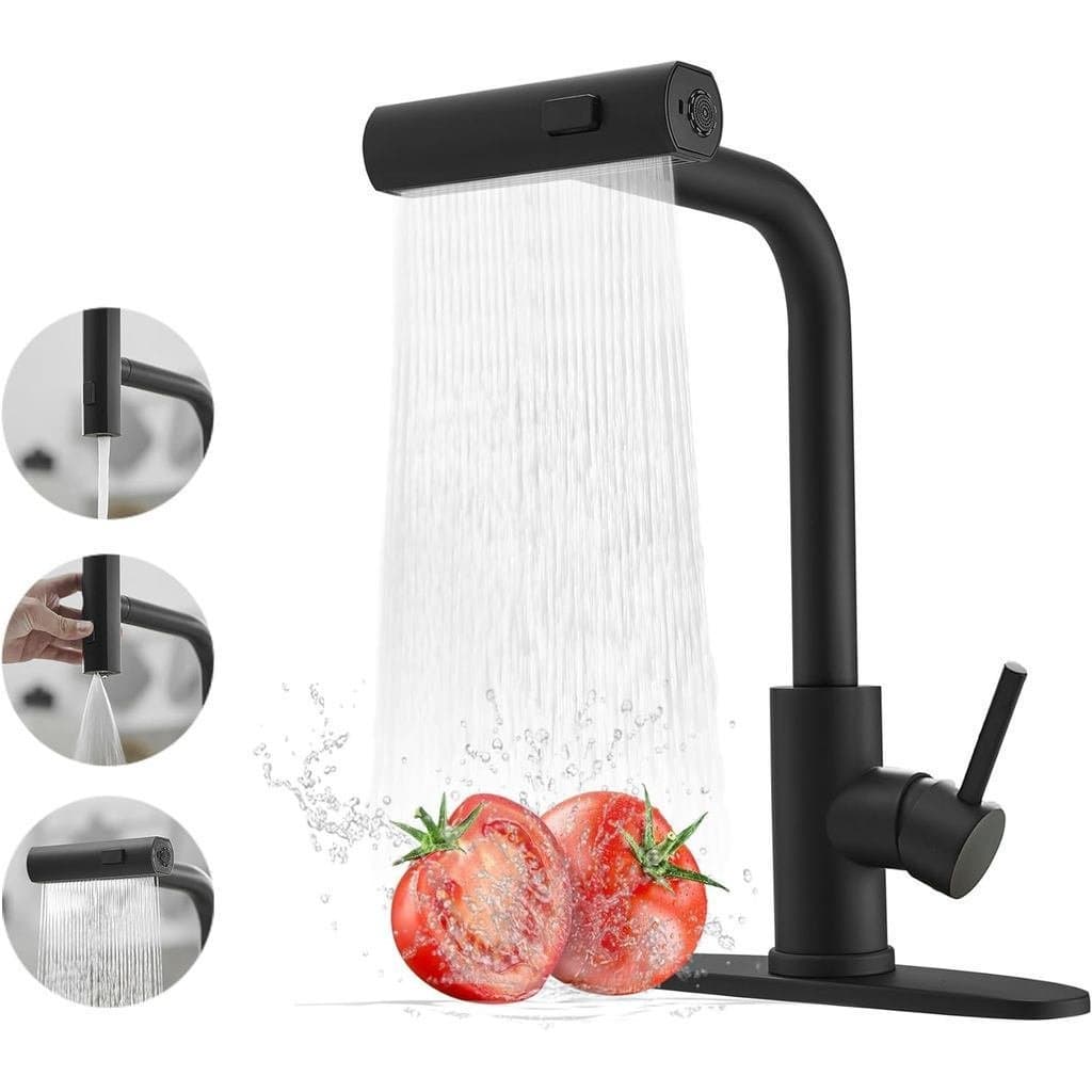 Torneira de cozinha preta com pulverizador retrátil, torneira de pia de cozinha estilo cascata, torneira de cozinha come