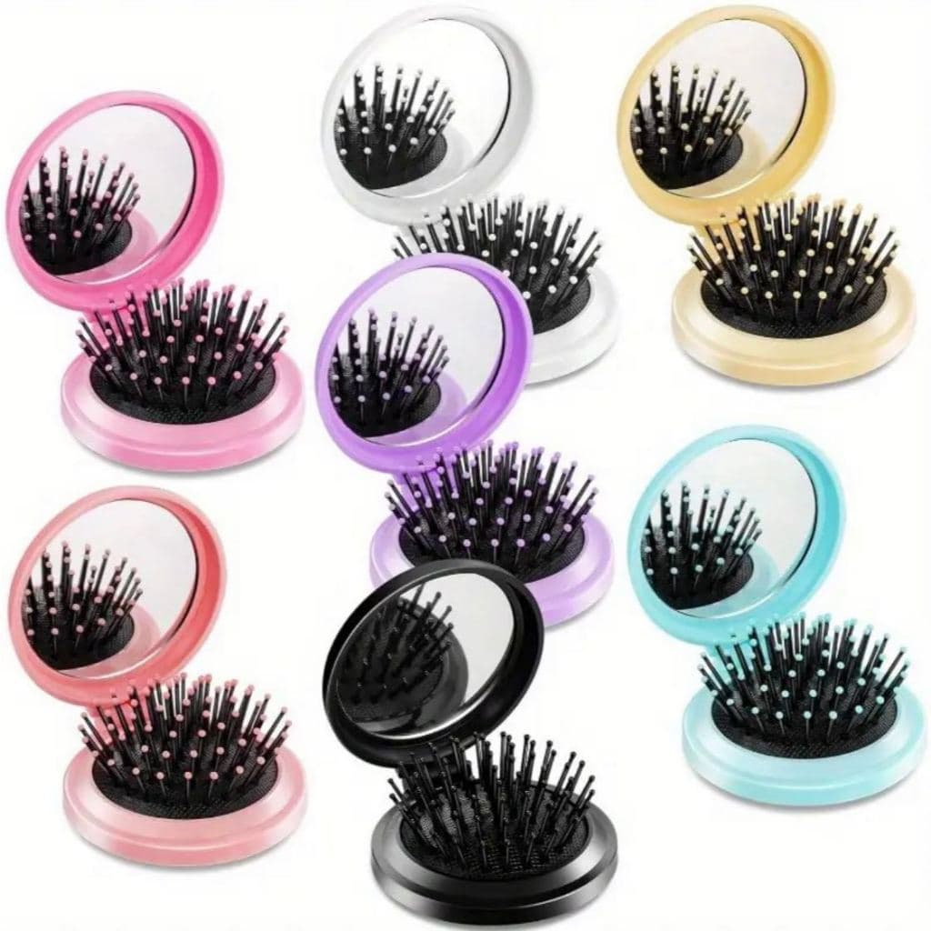KIT 3 Peças Mini Escova de Cabelo Dobrável Com Espelho - Portátil e Perfeita Para Bolsa - Entrega Pronto
