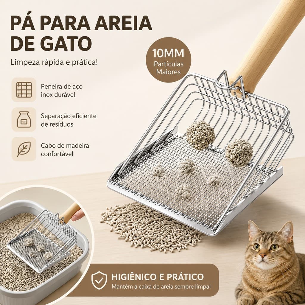 Pá para Areia de Gato em Aço Inox com Cabo de Madeira | Peneira 10mm Resistente e Fácil de Limpar