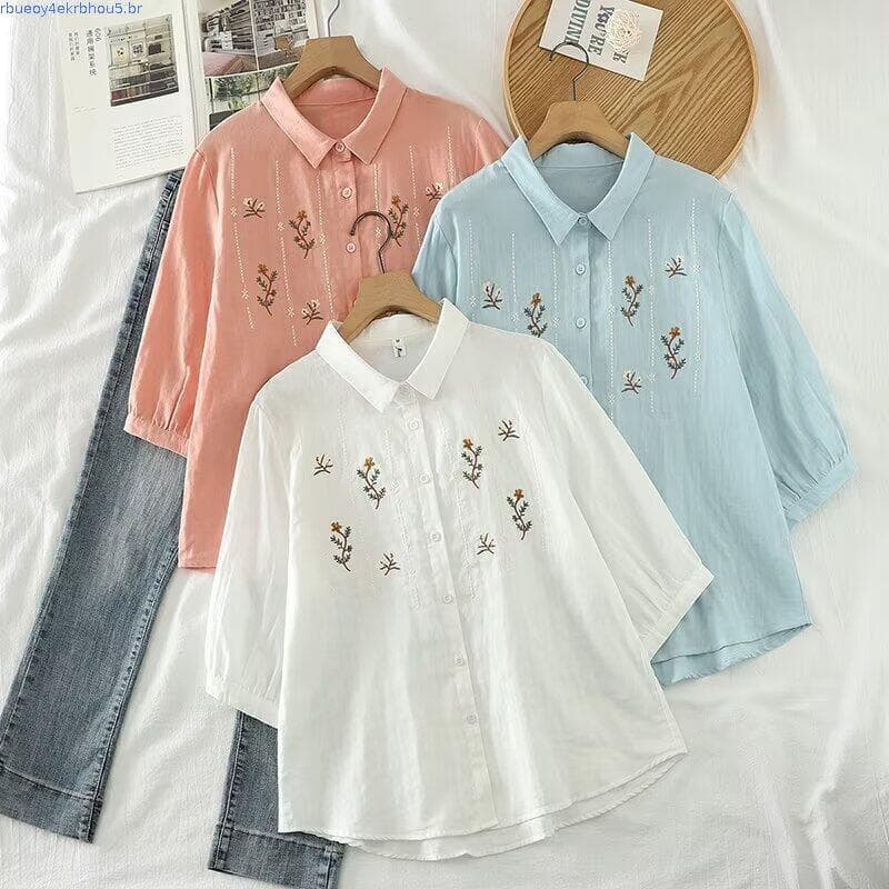 Mulheres De Alta Qualidade 100 % Algodão Fio Blusa Csa Roupas De Verão Mori Literário Bordado High-end Solto Topo
