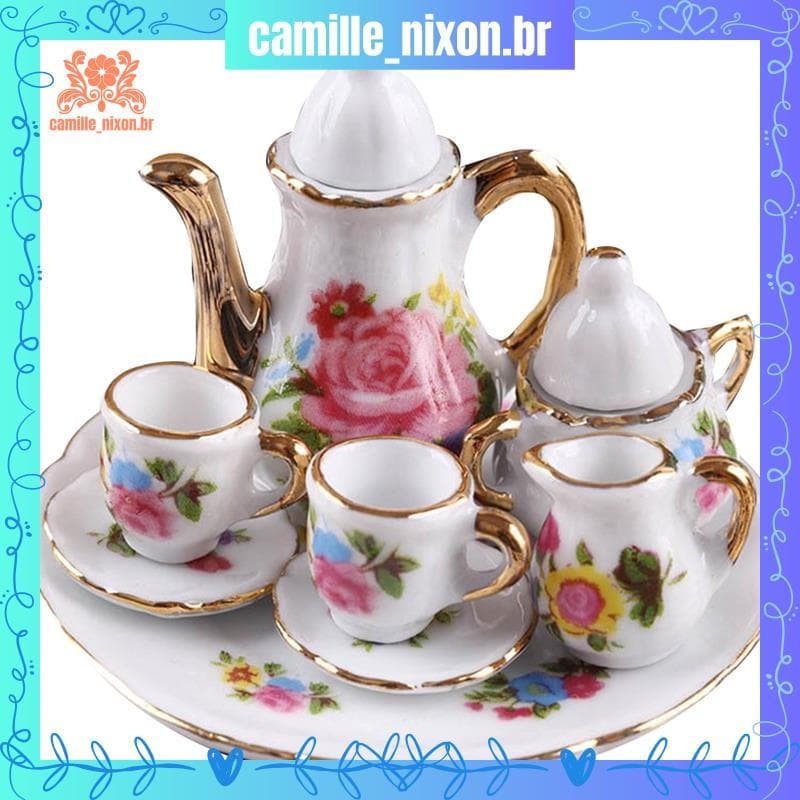 [camille_nixon.br] 1 : 12 Conjunto De Xícara De Chá De Porcelana Em Miniatura Talheres De Cerâmica Bule Cozinha Acessóri