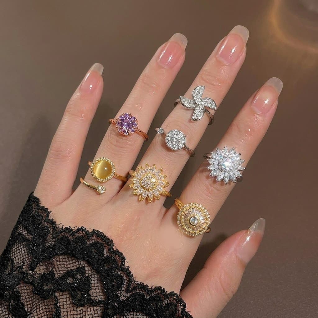 Anel feminino com flores microincrustadas, zircônia ajustável, estilo elegante e minimalista, anel de coração cravejado