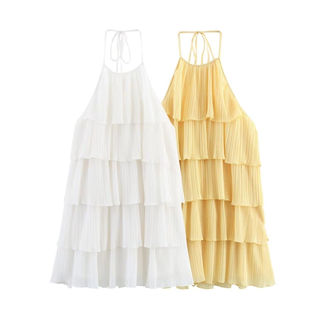 PB & ZA Vestido Feminino Estilo Férias Elegante Com Decoração Em Camadas E Gola Pendurada
