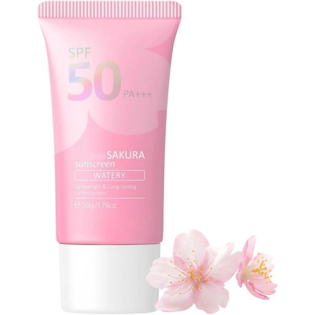 Protetor solar à prova d'água FPS50, contém extrato de flor de cerejeira, proteção UV de amplo espectro, leve e não pega