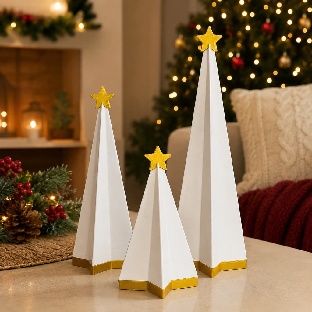 Kit 3 Árvores de Natal Decorativas Branco e Dourado Enfeite Mesa Sala