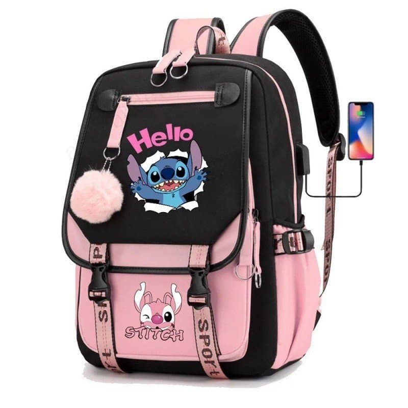 Mochila Disney Stitch para Meninos e Meninas, Mochila Feminina com USB, Mochila de Lona para Adolescentes, Mochila de Vi