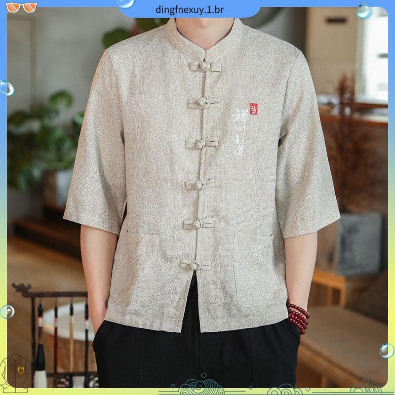 Terno Tang de linho antigo masculino verão estilo chinês botão de disco bordado camisa de manga de três quartos tamanho