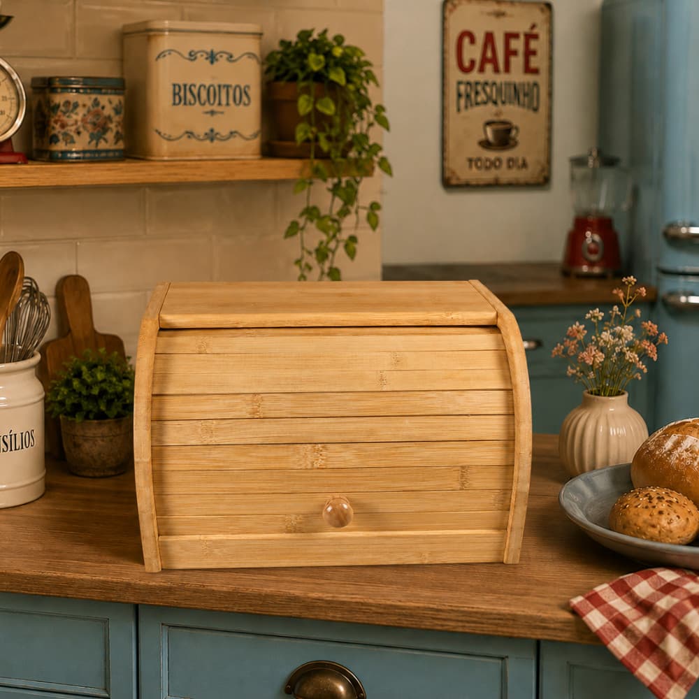 Porta Pão de Bambu com Tampa Retrátil para Cozinha 30cm