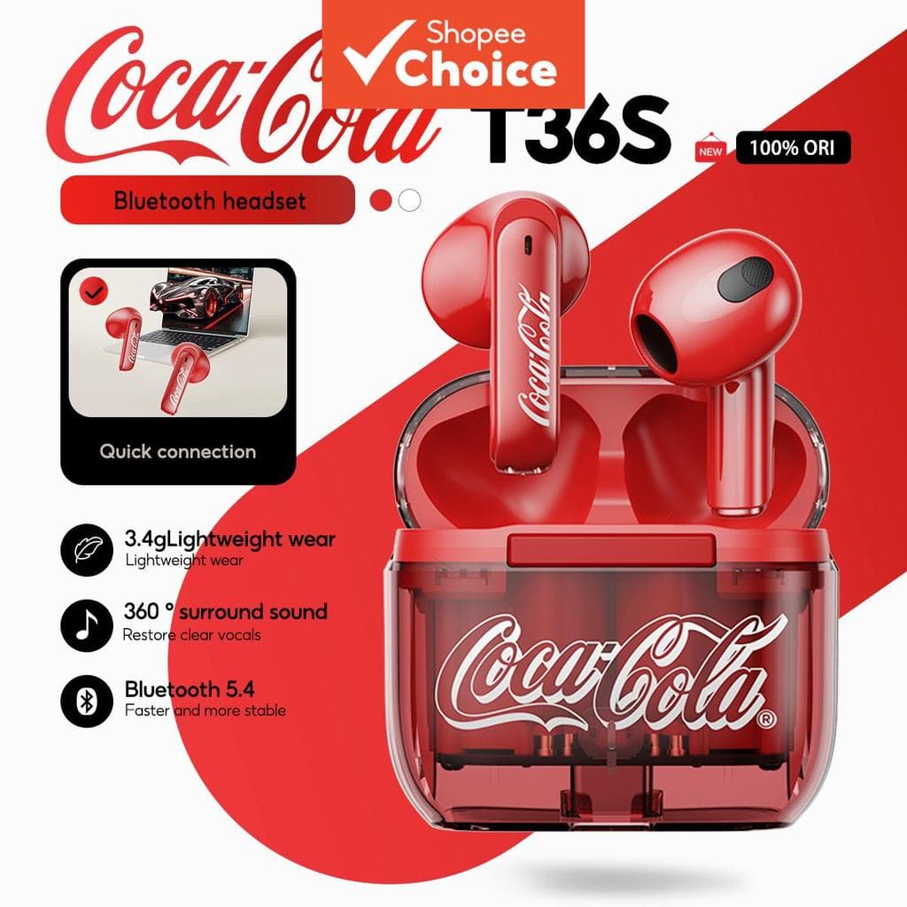 Fones de Ouvido Retro Coca-Cola T36S, Sem Fio, Bluetooth 5.4, Semi-Intra-Auriculares com Microfone, Longa Duração,