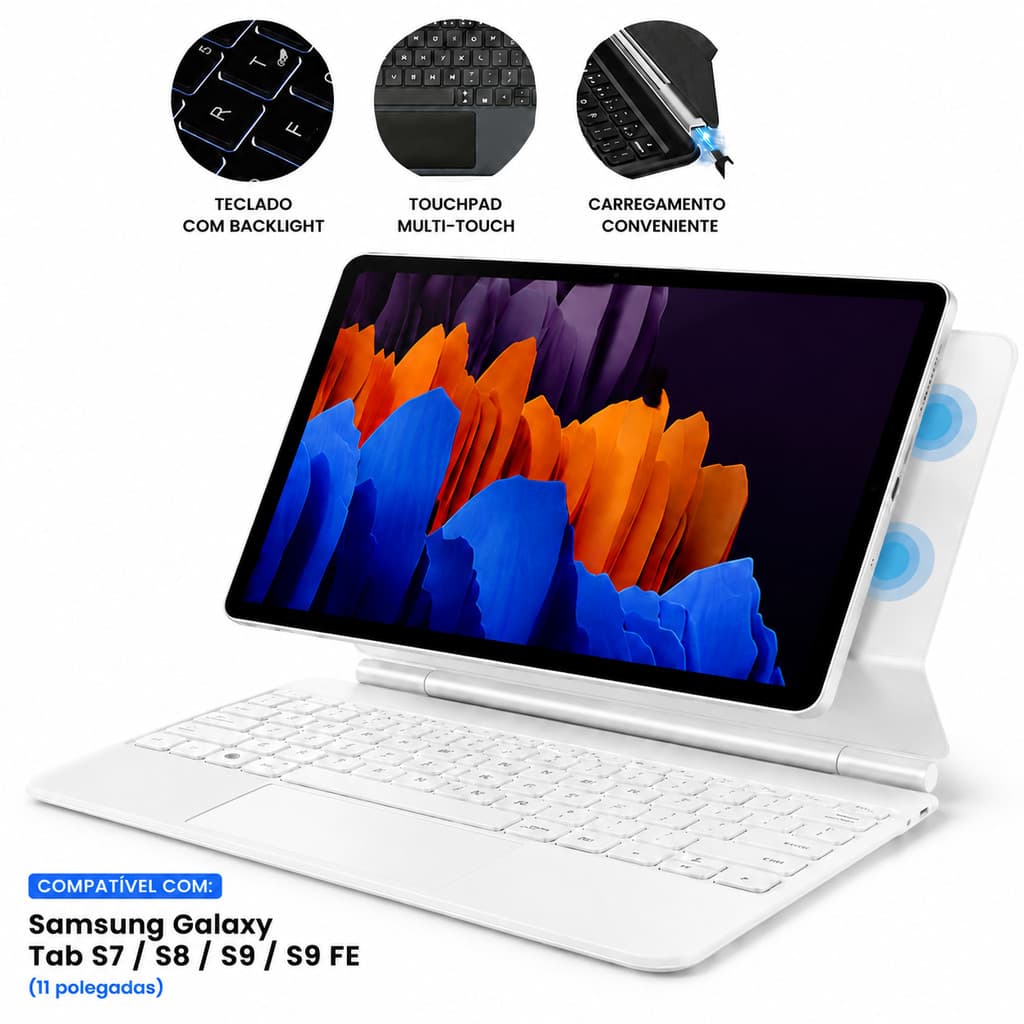 Capa Magnética Tablet Teclado Bluetooth ABNT2 Iluminado Sem Fio para Samsung Tab S7 S8 S9 S9 FE