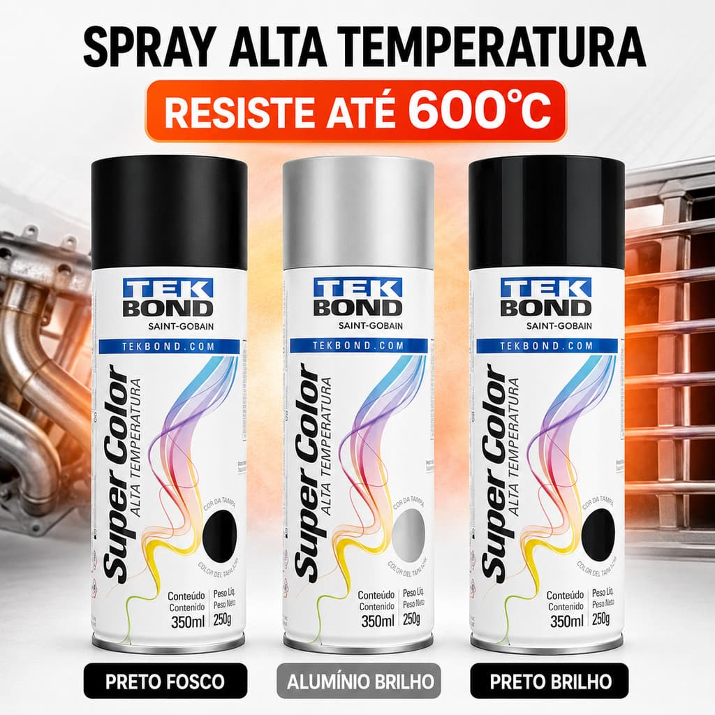 Tinta Spray Aerossol Aluminio ou Preto Brilho e Preto Fosco - Alta Temperatura 350Ml / 250G Tekbond