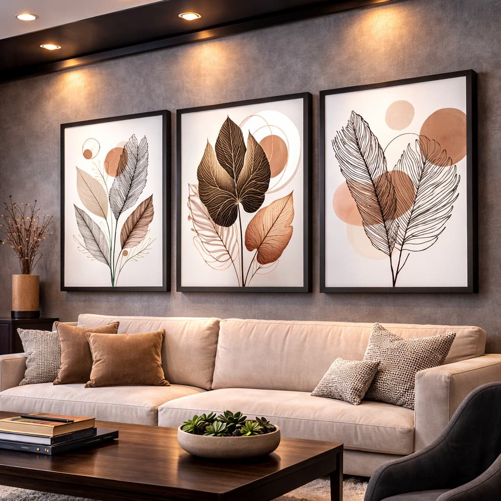 Kit 3 Quadros Decorativos Folhagem Folhas Neutro Moderno Mosaico Sala Quarto Escritório