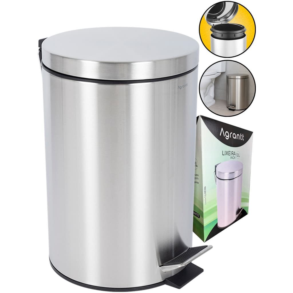 Lixo Lixeira Grande 20 Litros Agrantt Inox Escovado Cesto Removível Alça Pedal Para Banheiro Escritório Lavabo Cozinha