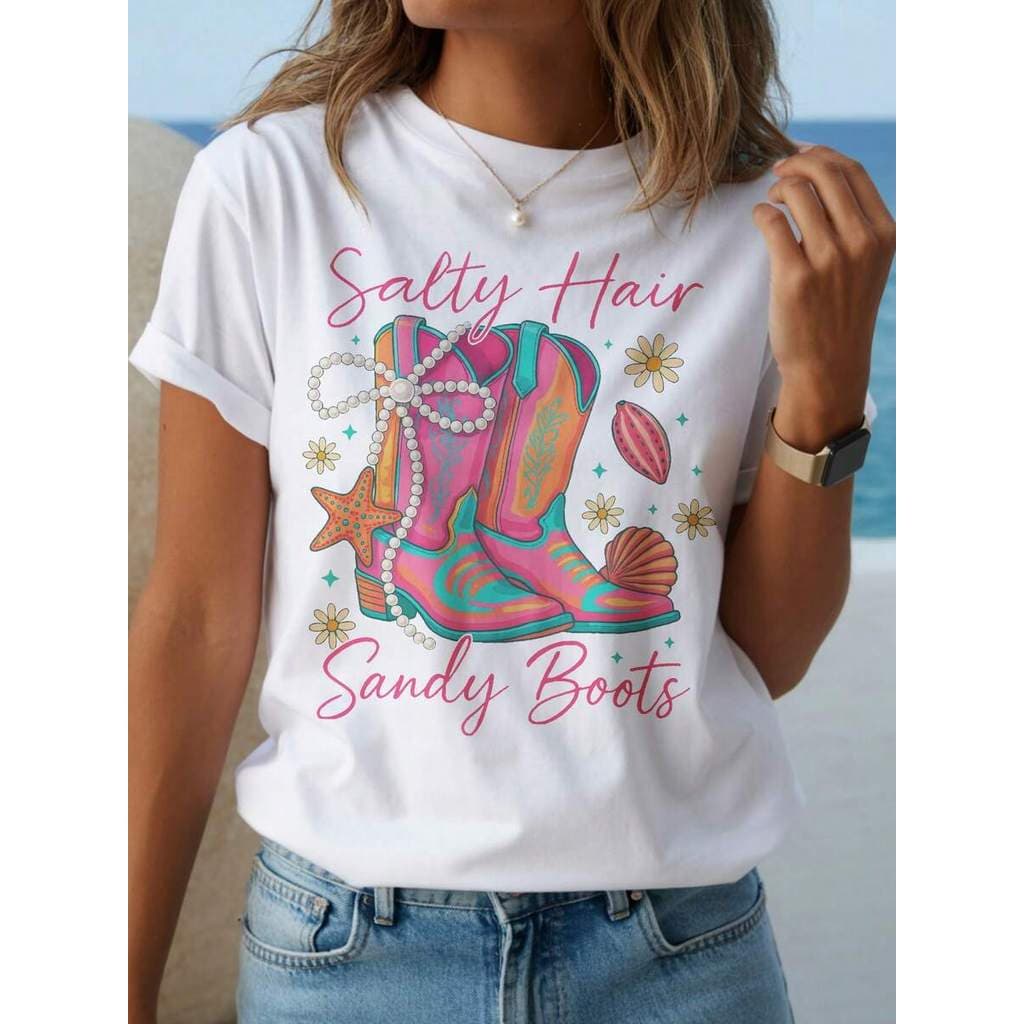 Camiseta Feminina De Algodão De Verão Com Letras Impressas Em Torno Do Pescoço Respirável E Elegante Praia Casual Top De
