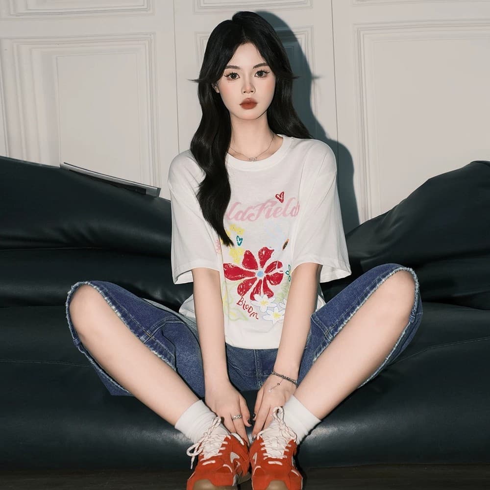 Camiseta feminina Casual de manga curta com estampa Floral e gola redonda