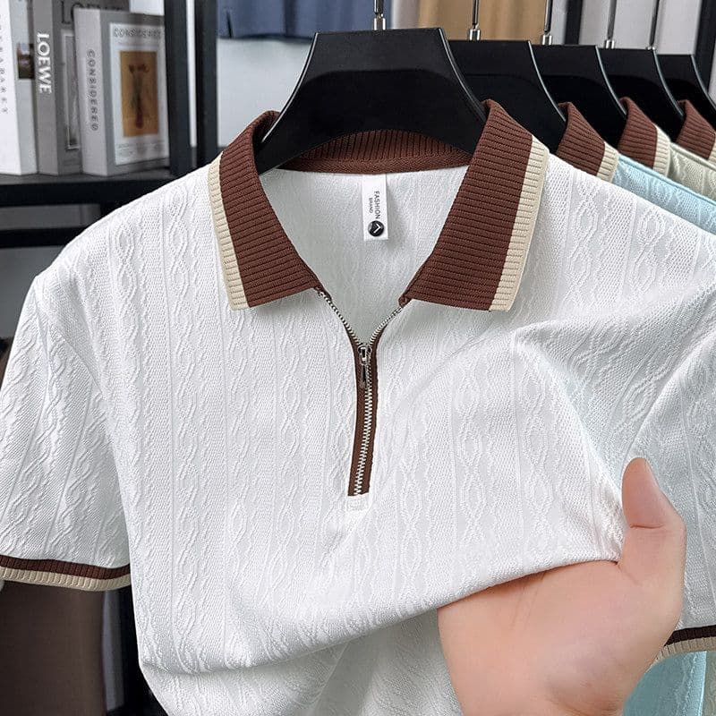 Verão Novo Masculino Meio Zíper Fino Camisa Polo De Manga Curta , Satisfatório Respirável jacquard Lapela Camiseta Em Co