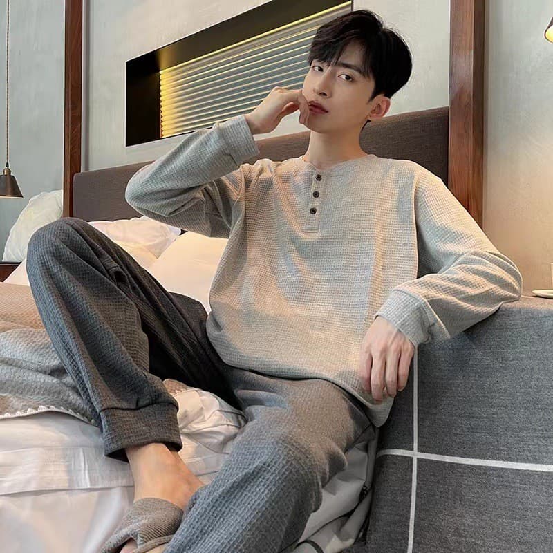 Pijama Waffle masculino algodão primavera outono novos produtos Shi manga comprida masculino juventude Homewear terno Hi