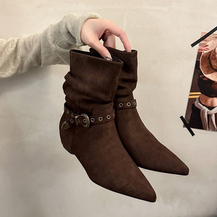 Botas Femininas de Bico Fino em Camurça, Botas Curtas com Zíper Traseiro, Botas Casuais Vintage de Salto Anabela, Tamanh