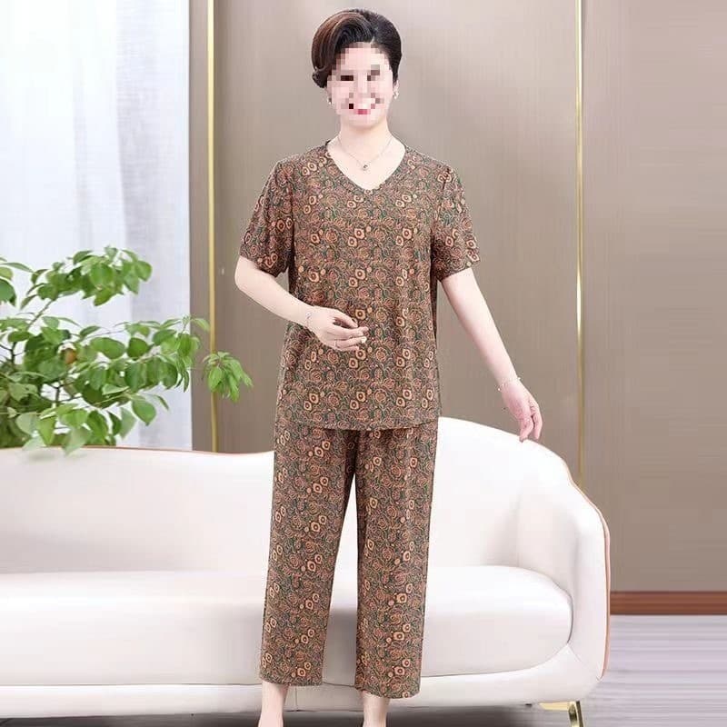 150kg gordura gelo seda manga curta mais gordura plus Size meia-idade idosos camiseta mãe dois conjuntos