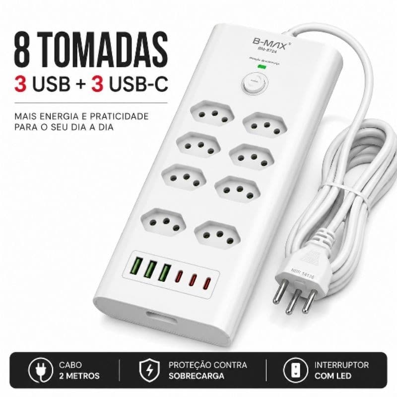 Filtro de Linha 8 Tomadas 3 USB + 3 USB-C Cabo 2m Bivolt Com Interruptor Proteção Sobrecarga Extensão Tomada