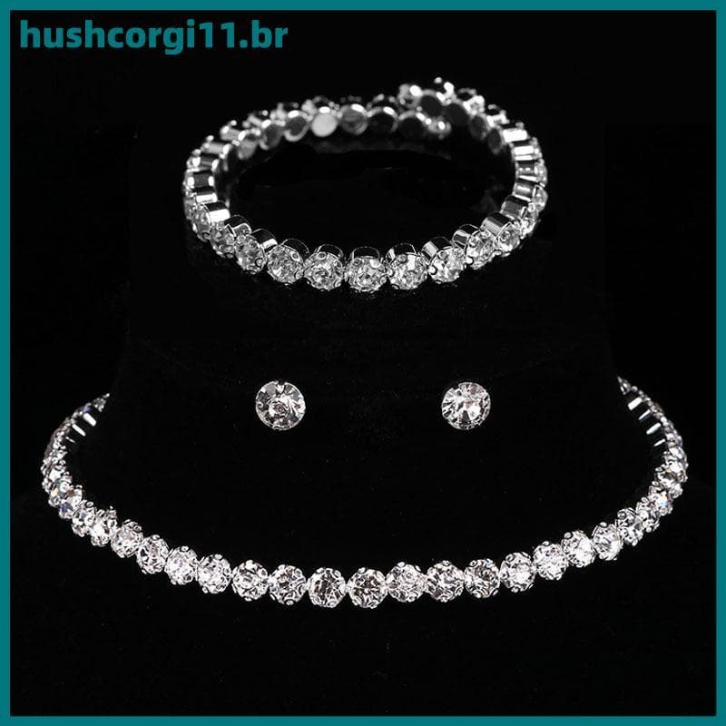 HUSH 4 Peças Conjunto De Joias De Cristal Feminino Colar Pulseira Brincos Zircão Branco BR